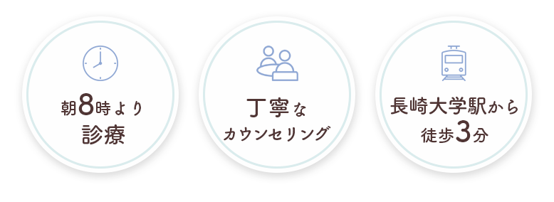 朝8時より診療、丁寧なカウンセリング、長崎大学駅から徒歩3分